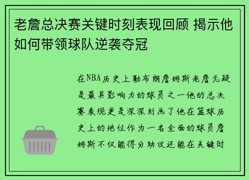 老詹总决赛关键时刻表现回顾 揭示他如何带领球队逆袭夺冠