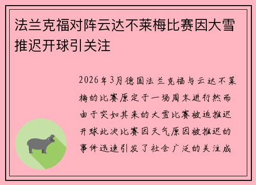 法兰克福对阵云达不莱梅比赛因大雪推迟开球引关注 法兰克福对阵云达不莱梅比赛因大雪推迟开球引关注