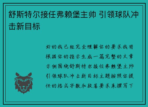舒斯特尔接任弗赖堡主帅 引领球队冲击新目标 舒斯特尔接任弗赖堡主帅 引领球队冲击新目标