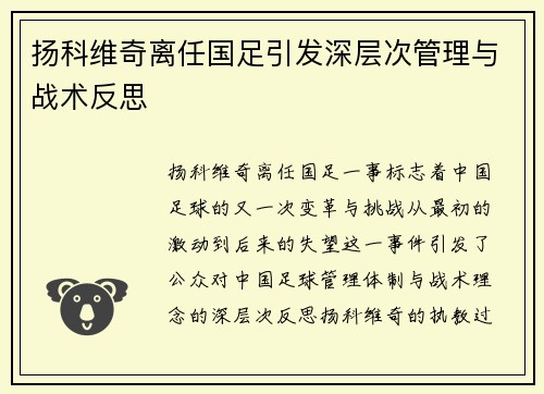 扬科维奇离任国足引发深层次管理与战术反思